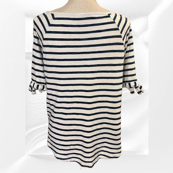 Jane & Delancey Med Elbow Sleeve Blue Stripe Top, Open Peep Shoulder w/ Bow - Picture 5 of 5